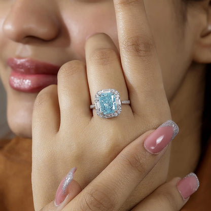 Sky Blue Emerald Cut Diamond Studded Silver Ring - Tweov Jewels