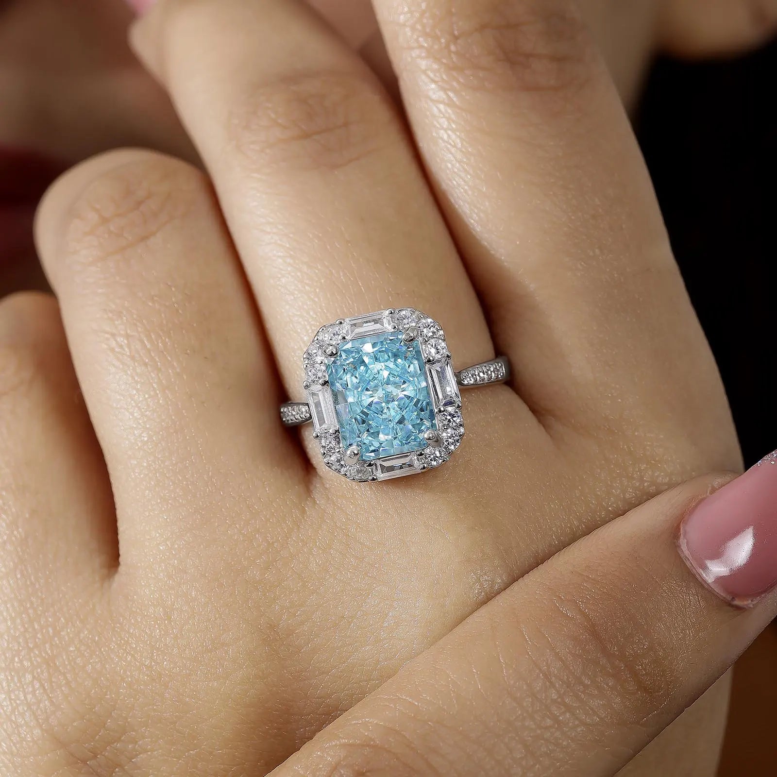 Sky Blue Emerald Cut Diamond Studded Silver Ring - Tweov Jewels