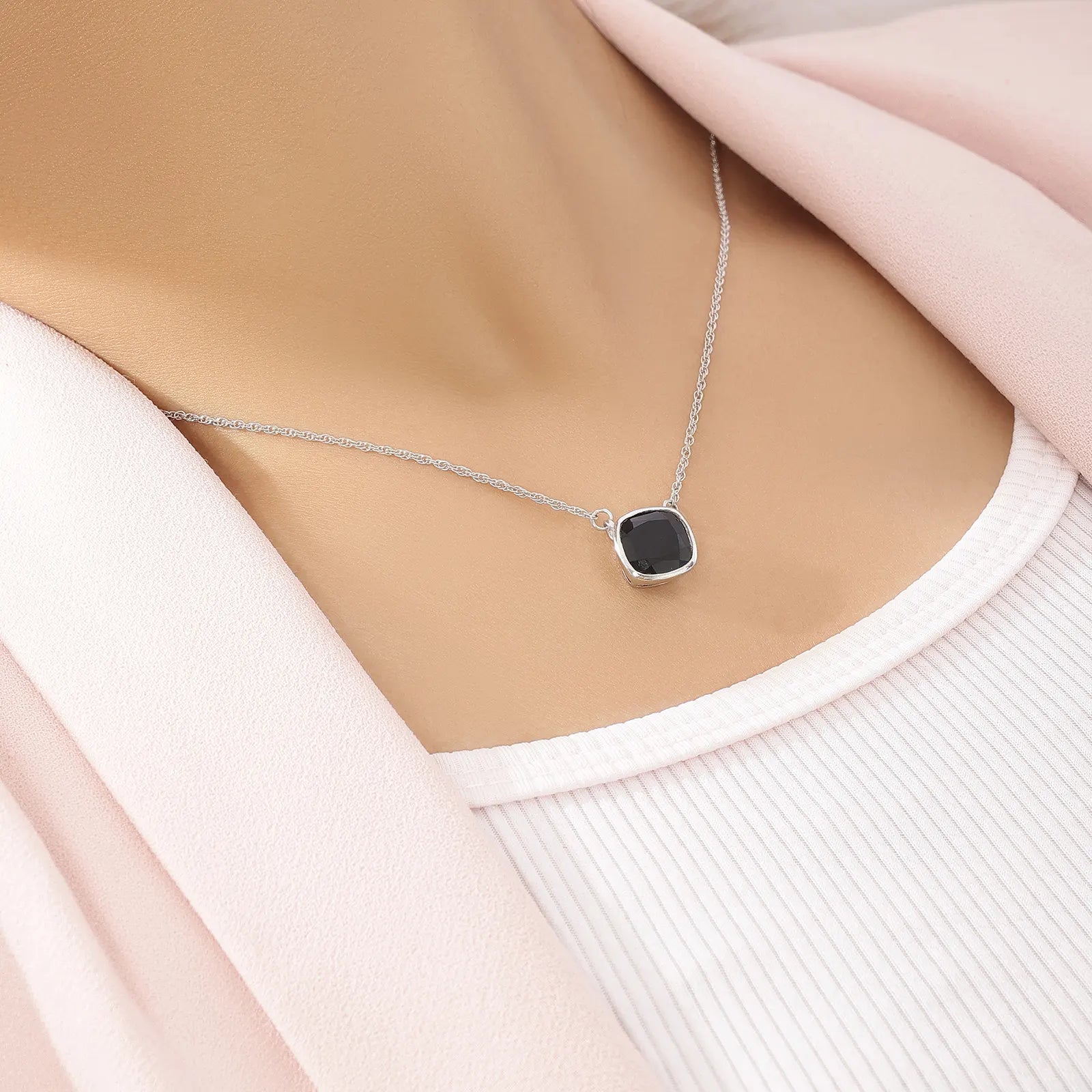 Simple Black Square Silver Necklace