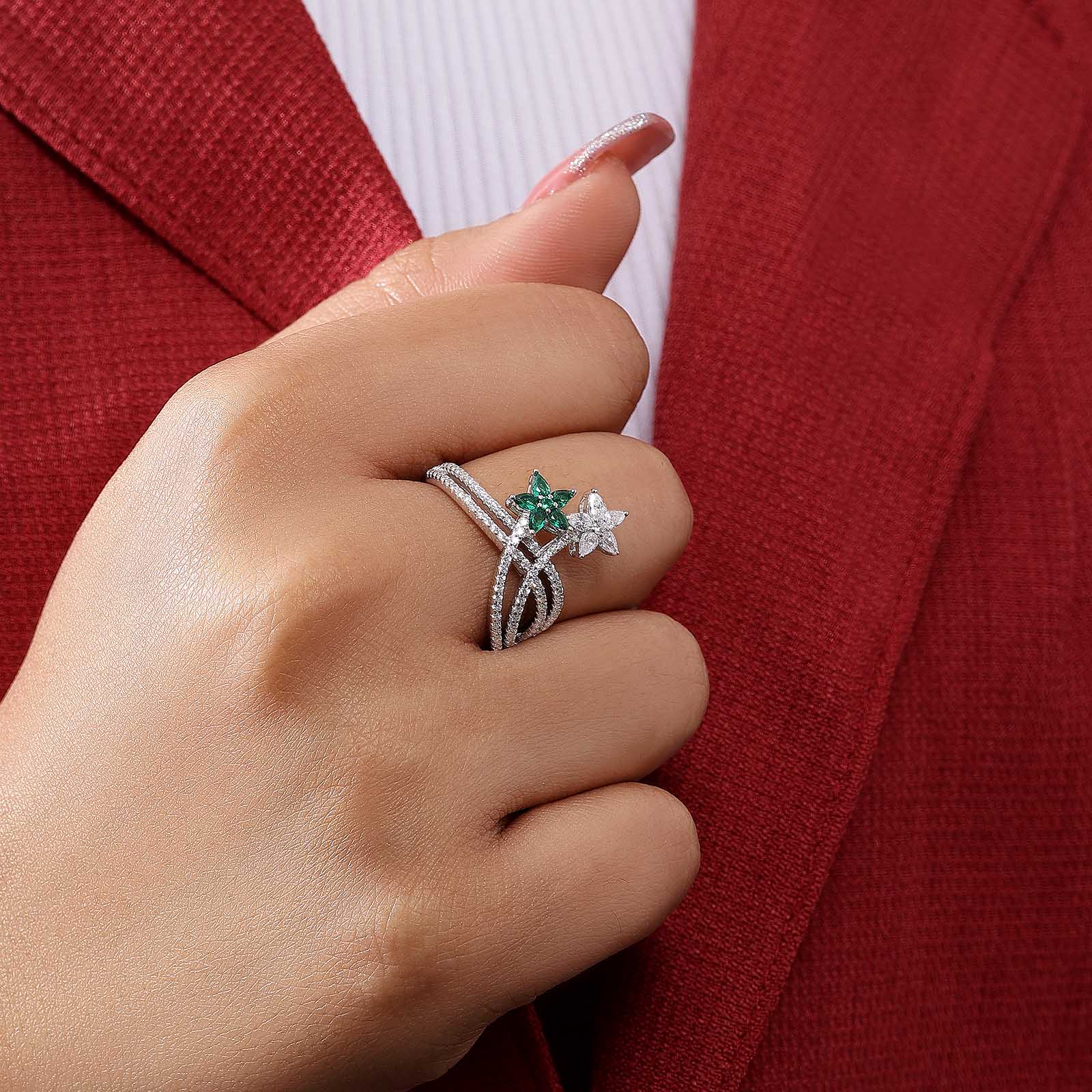 925 Silver Green & White CZ Floral Ring for Women