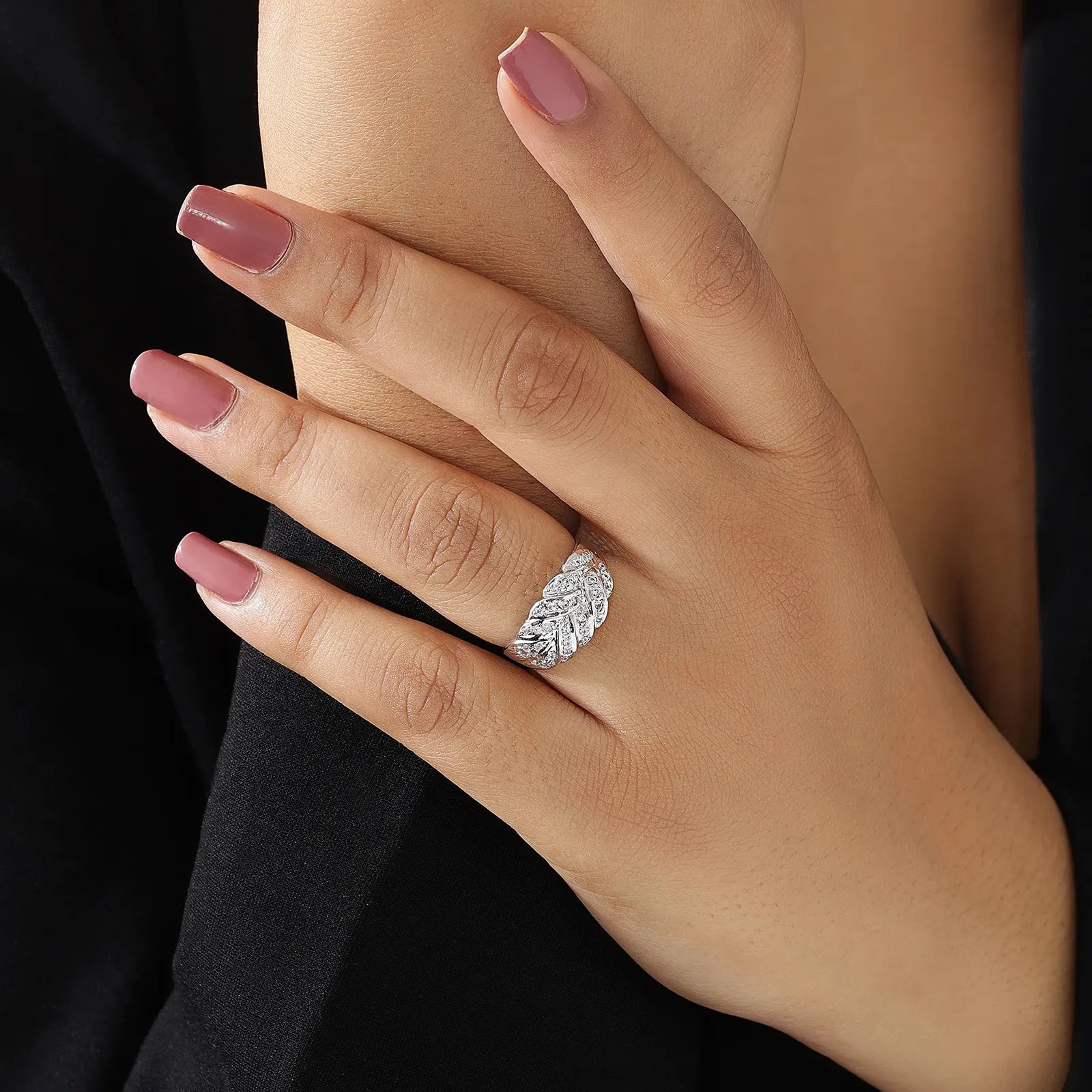 Cubic Zirconia Leaf Silver Ring