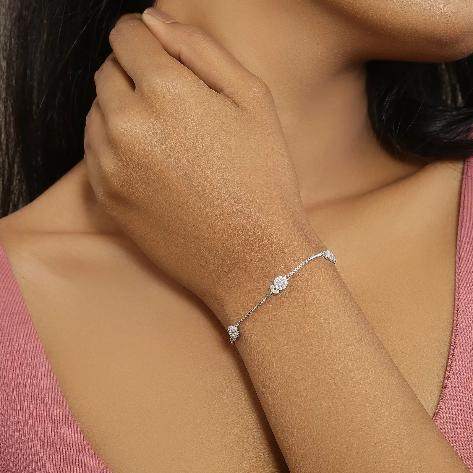 Floral Leaf Design Box Chain Silver Bracelet