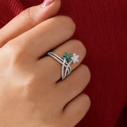 925 Silver Green & White CZ Floral Ring for Women