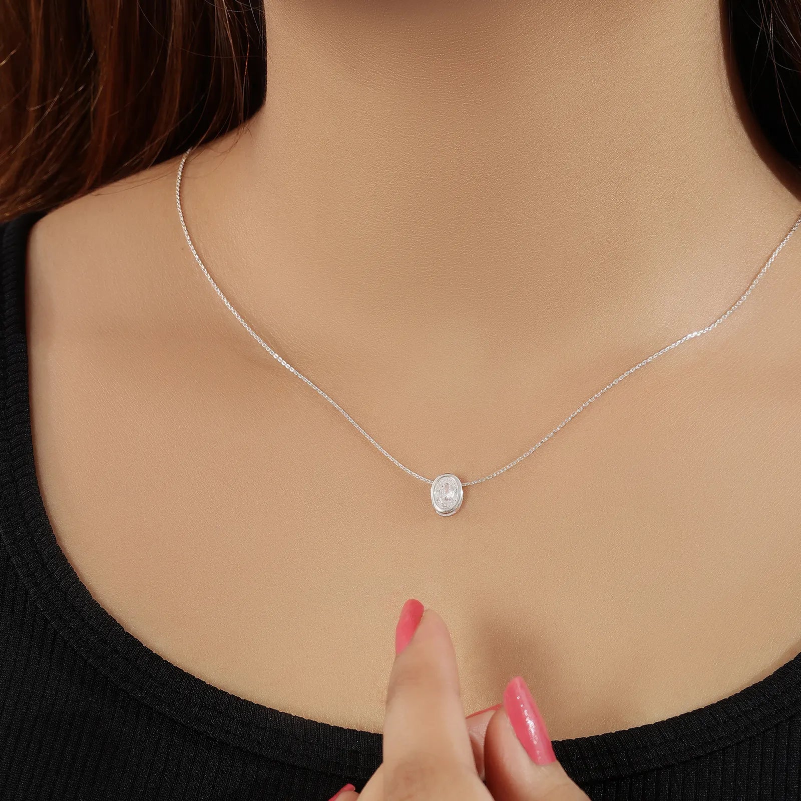 CZ Studded Silver Oval Pendant with Chain