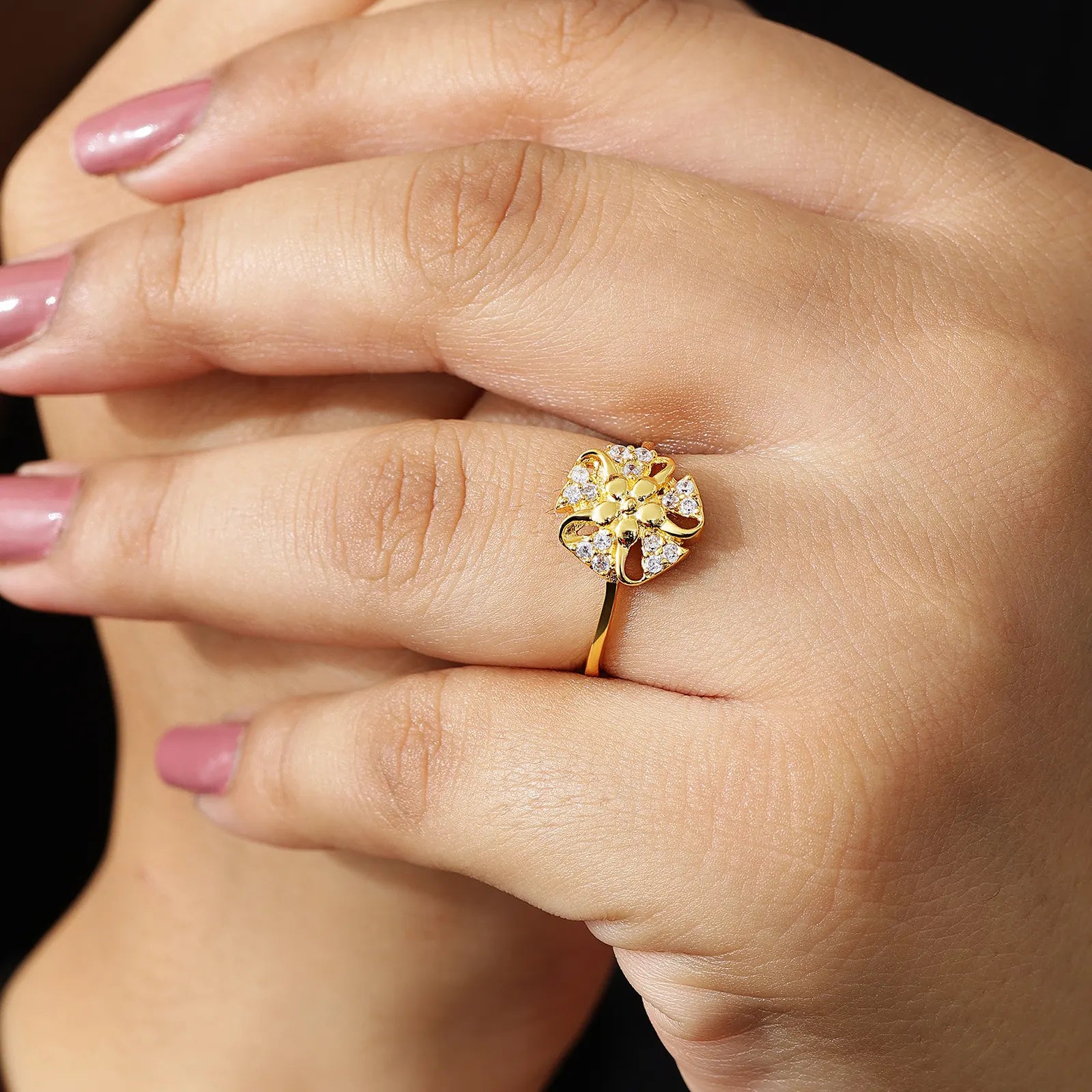 Gold Plated Designer Flower Silver Ring