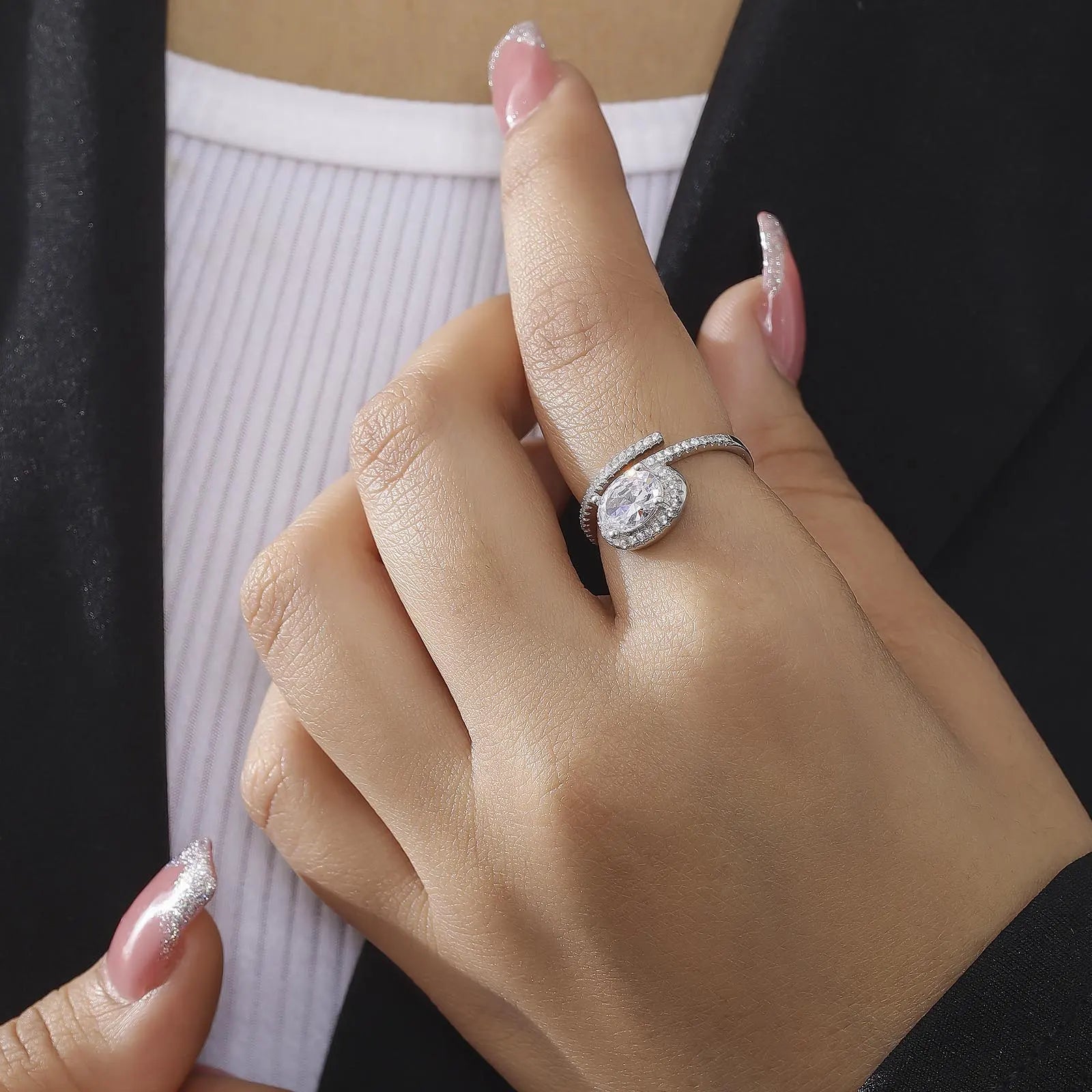 Round Cut Diamond Studded Spiral Silver Ring - Tweov Jewels