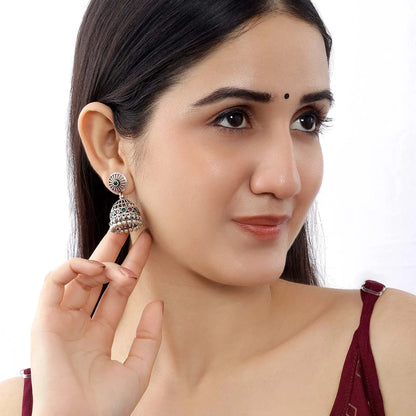 Pink & Green Stone Silver Jhumka Earrings