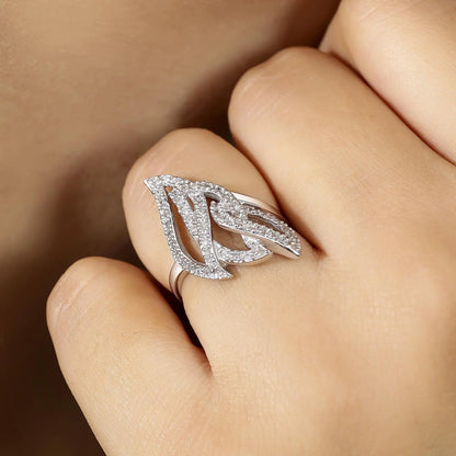 Sparkling Zircon Studded Leaf Design Silver Ring