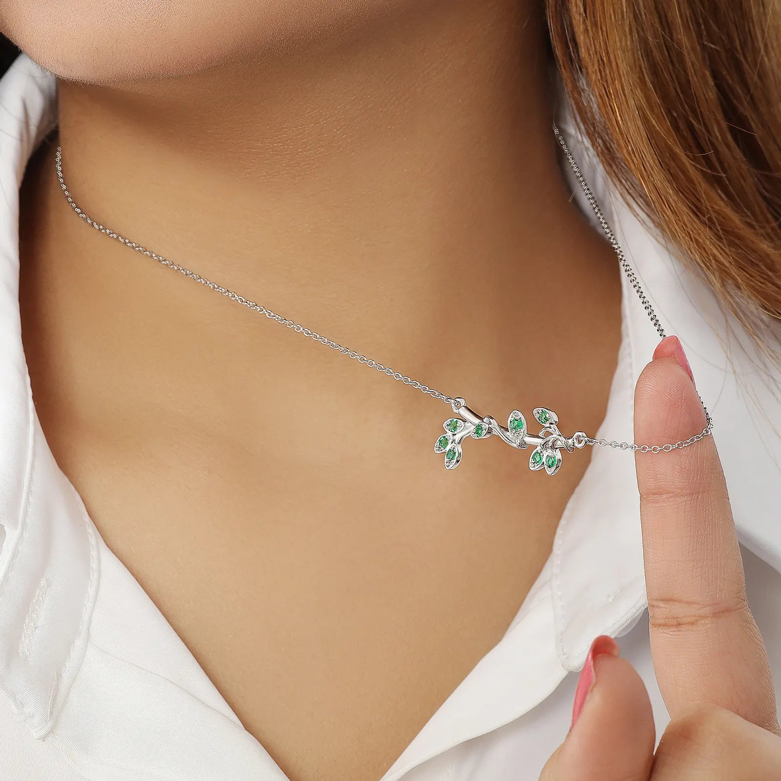 Silver Emerald Leaf Chain Necklace