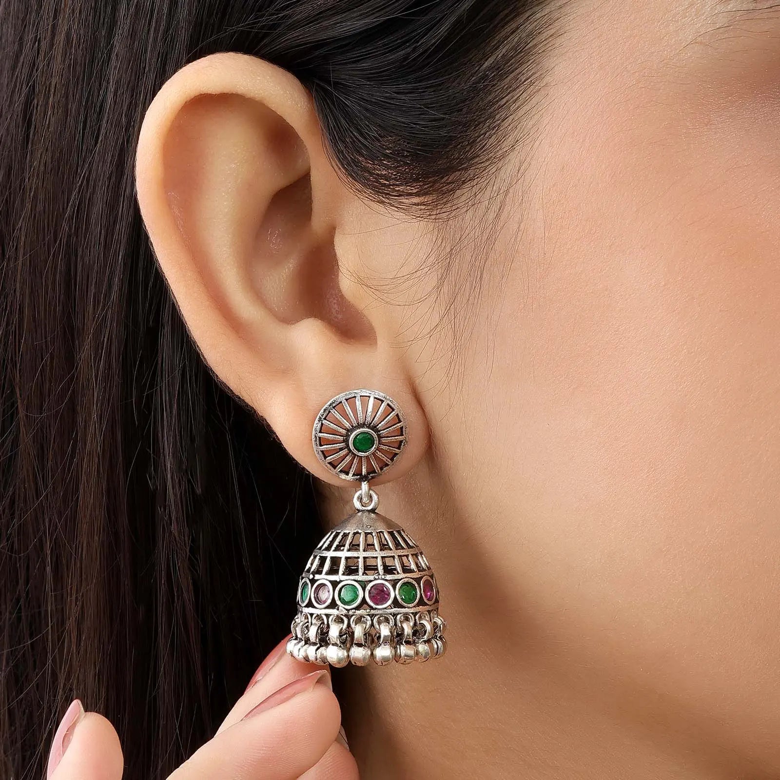 Pink & Green Stone Silver Jhumka Earrings