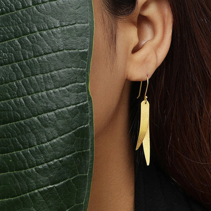 Pure Silver Earrings - Sleek Feather With Gold Plated