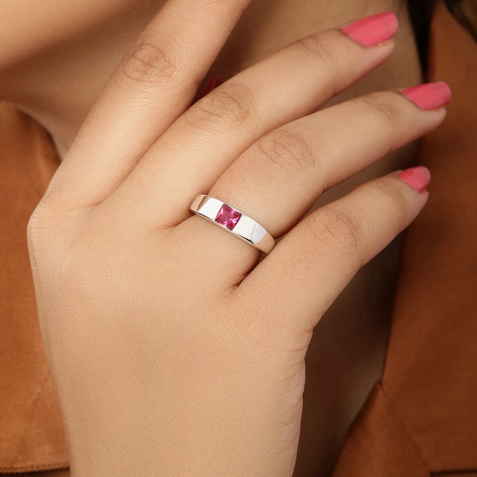 Silver Pink Ruby Stone Finger Band Ring