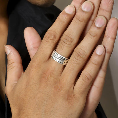 Black Stripes Carved Silver Band Ring