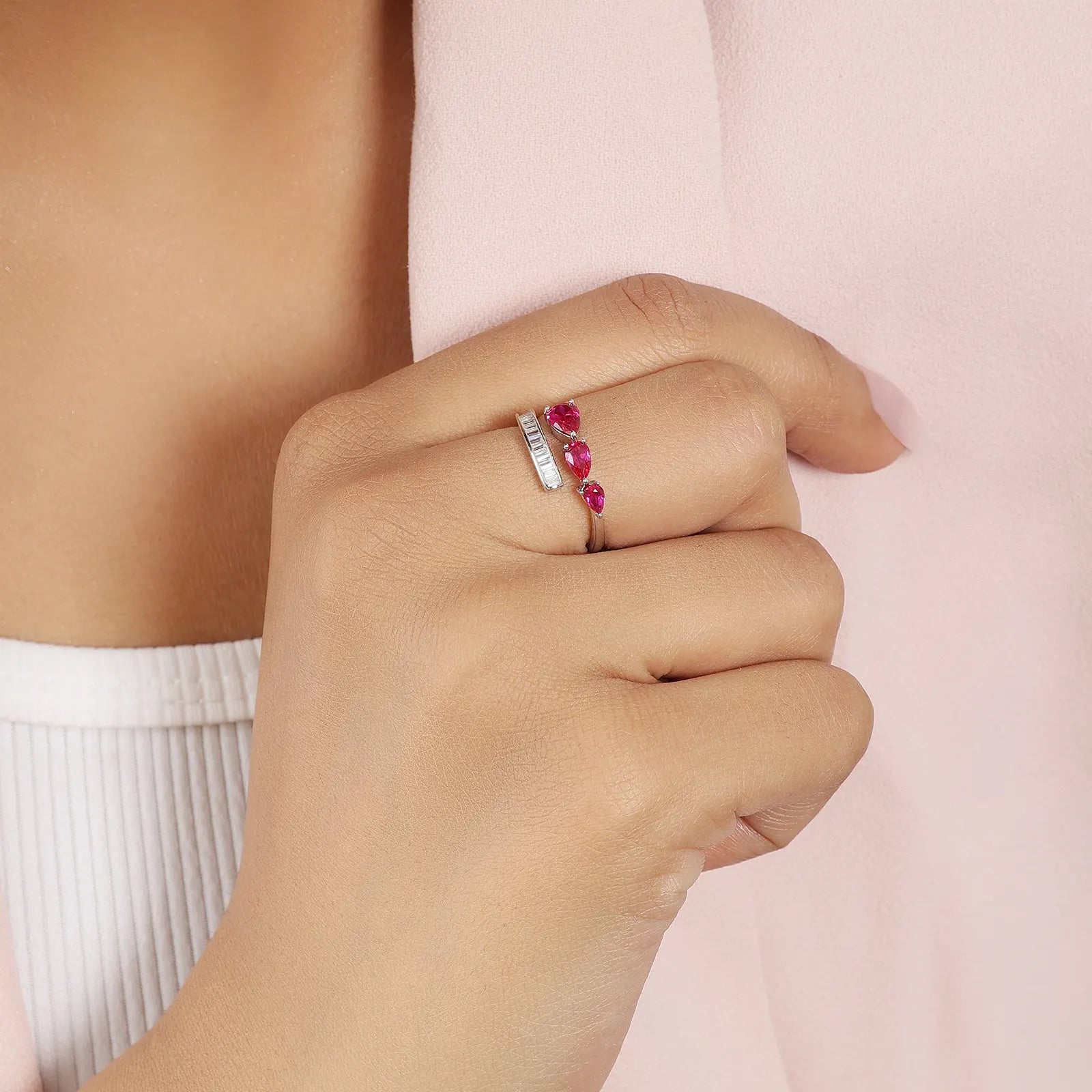 Pink Stone Studded Spiral Silver Ring