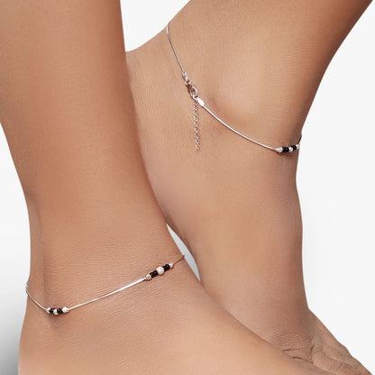 Black Beads Thin Silver Chain Anklet - Tweov Jewels