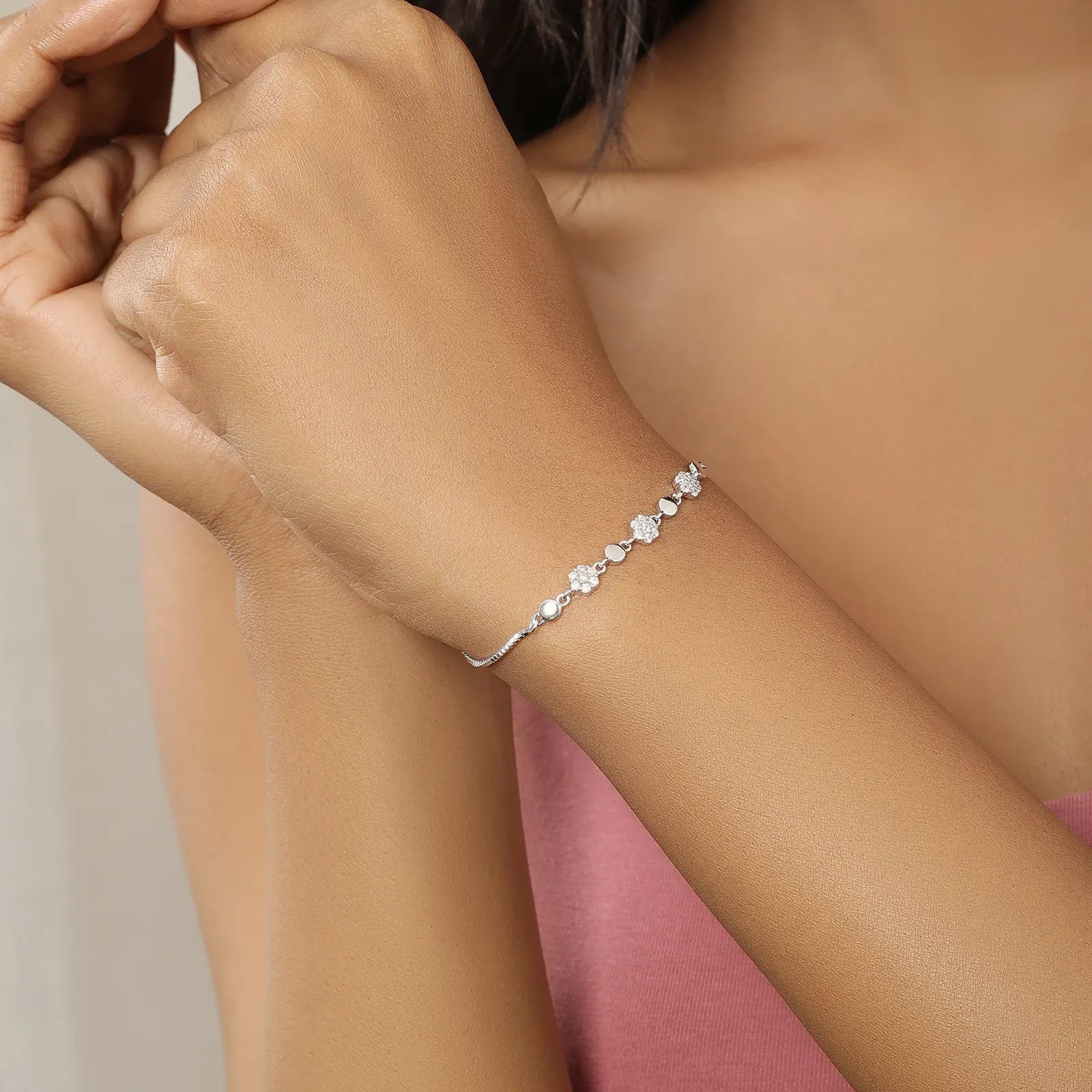 Floral Box Chain Silver Bracelet