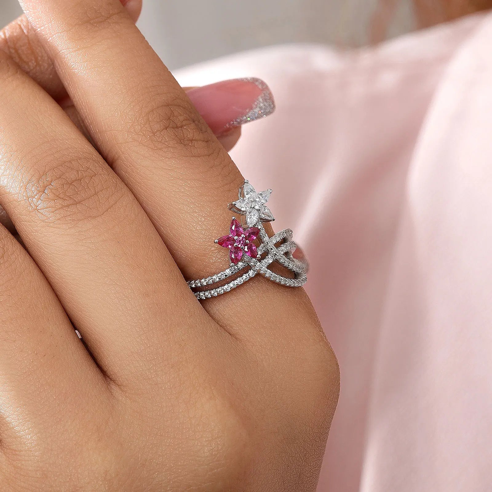Silver Ruby & White CZ Floral Ring - Tweov Jewels