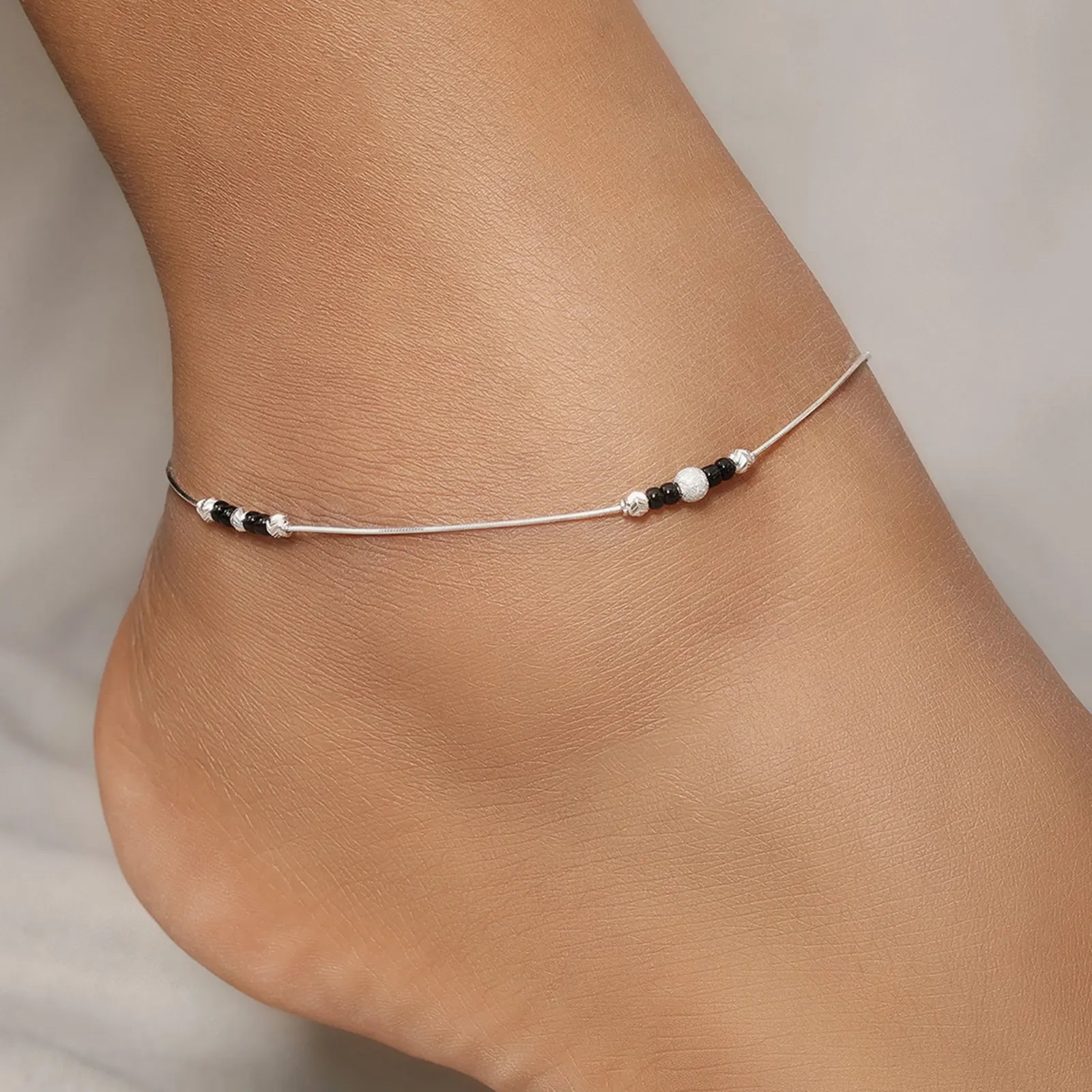 Black Beads Thin Silver Chain Anklet - Tweov Jewels