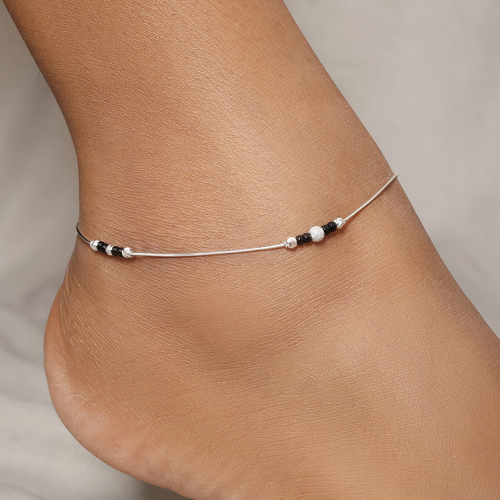 Black Beads Thin Silver Chain Anklet - Tweov Jewels