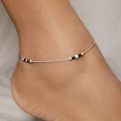 Black Beads Thin Silver Chain Anklet - Tweov Jewels