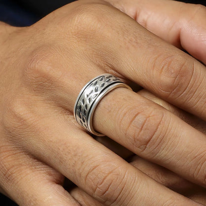 Black Stripes Carved Silver Band Ring
