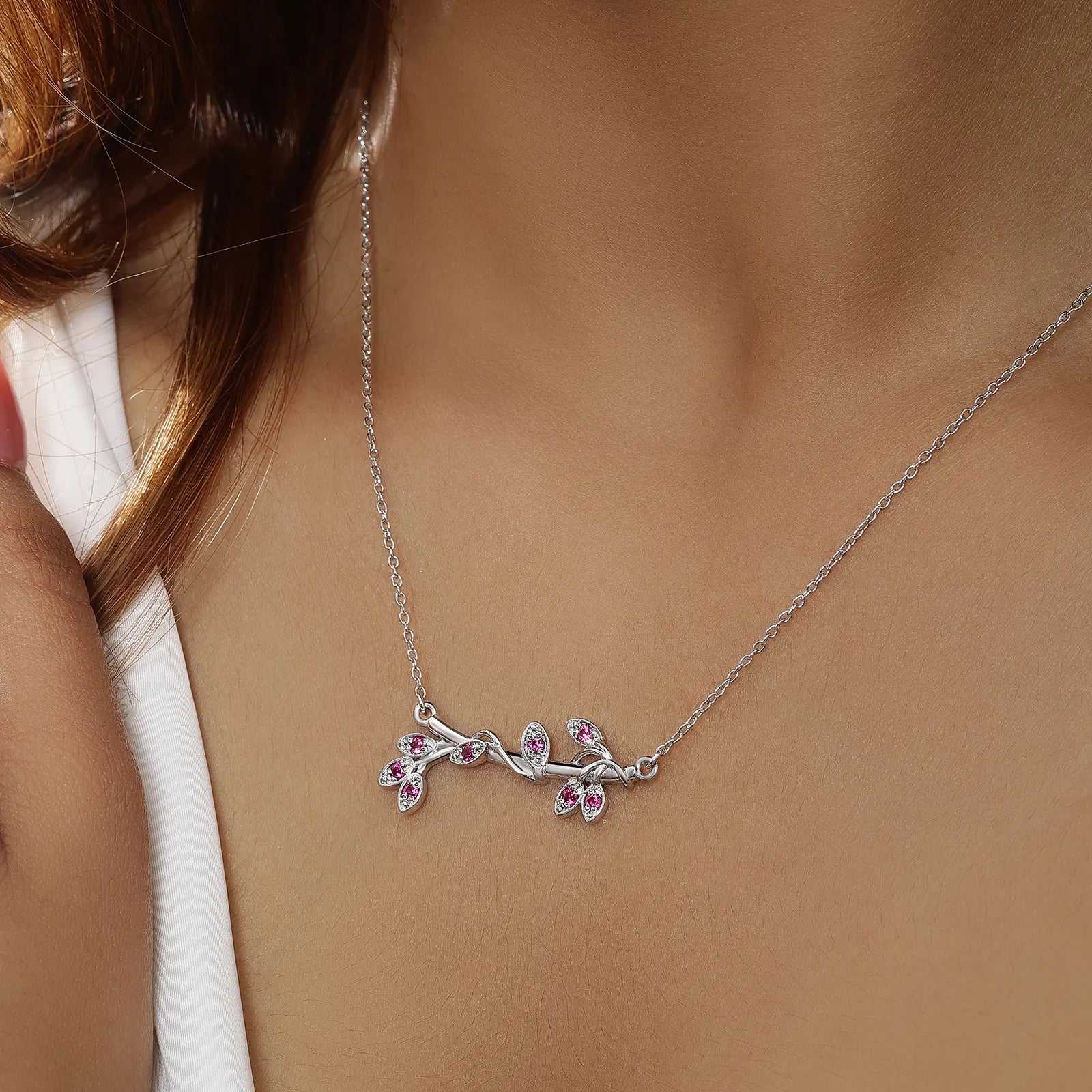 Silver Pink Leaf Chain Necklace - Tweov Jewels