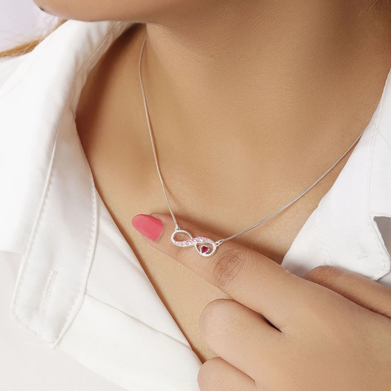 Infinity Pink Heart Silver Necklace