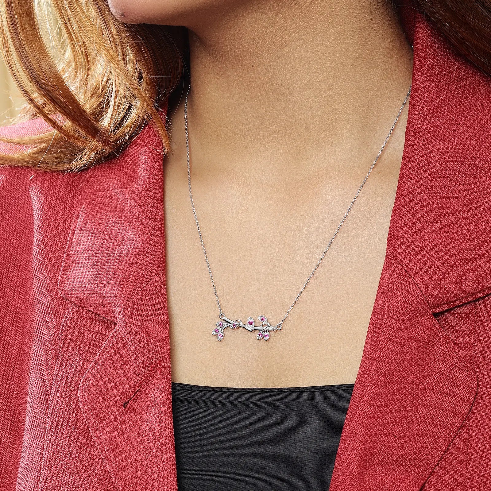 Silver Pink Leaf Chain Necklace - Tweov Jewels