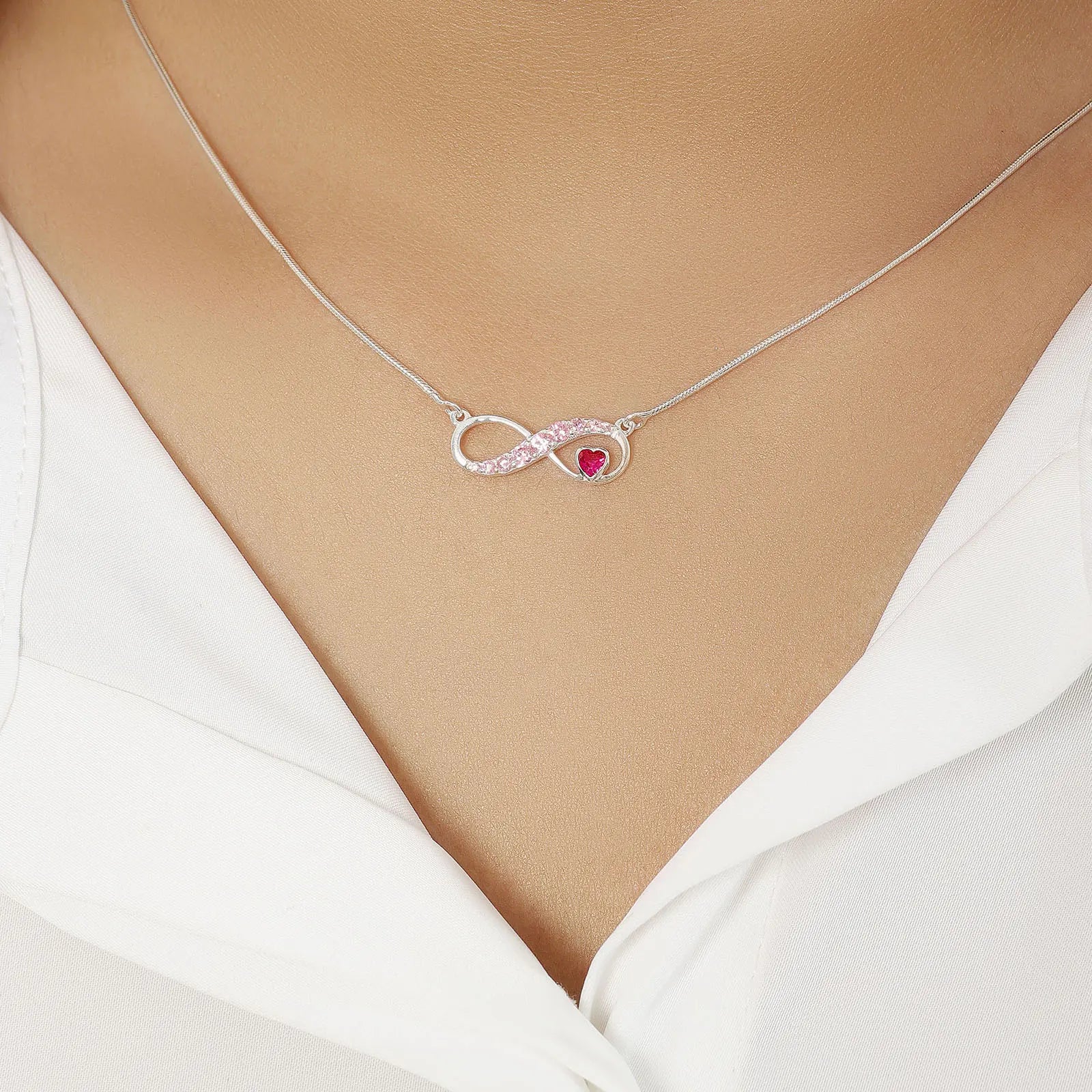 Infinity Pink Heart Silver Necklace