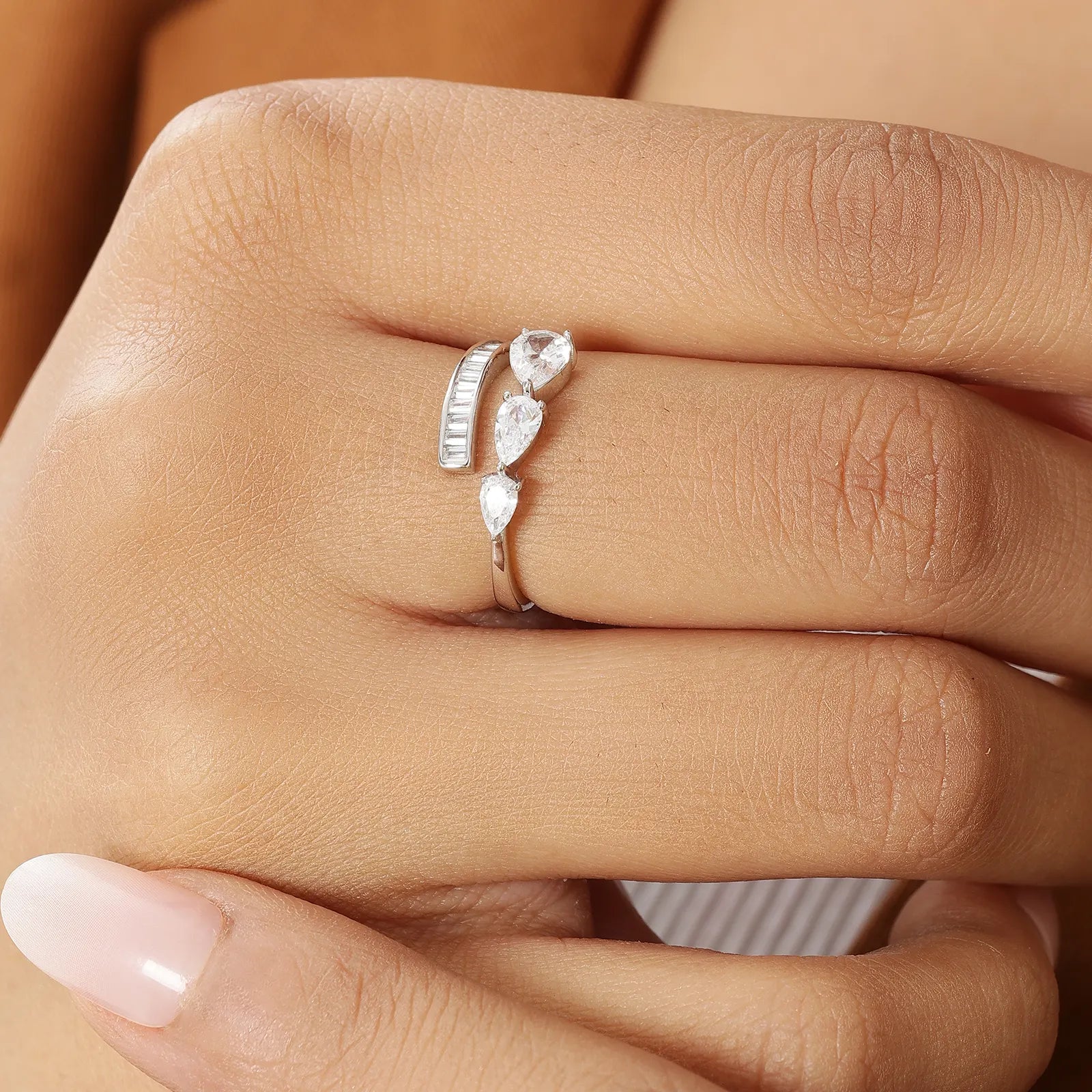 White Stone Studded Spiral Silver Ring