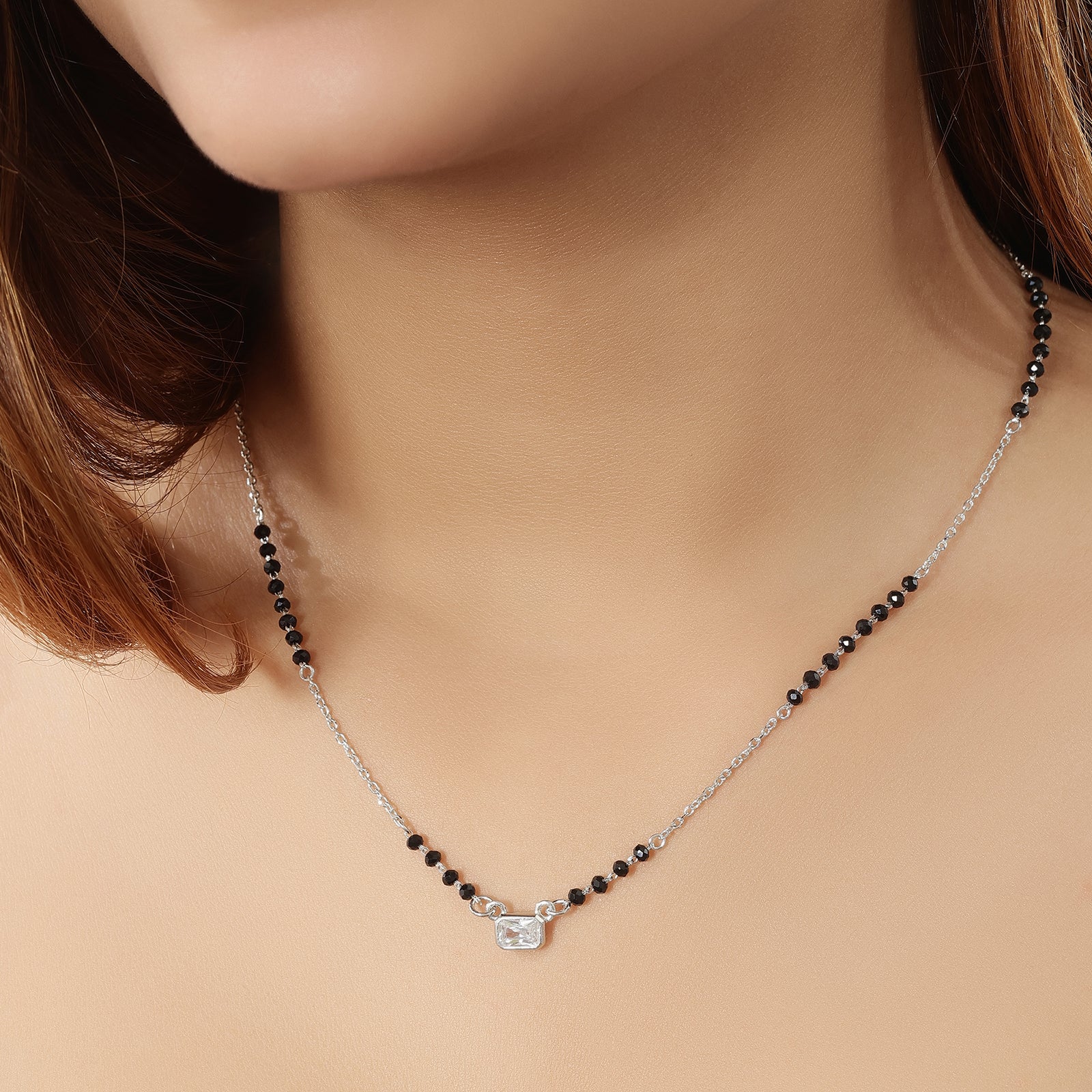 AD Studded Rectangle Solitaire Silver Mangalsutra - Tweov Jewels