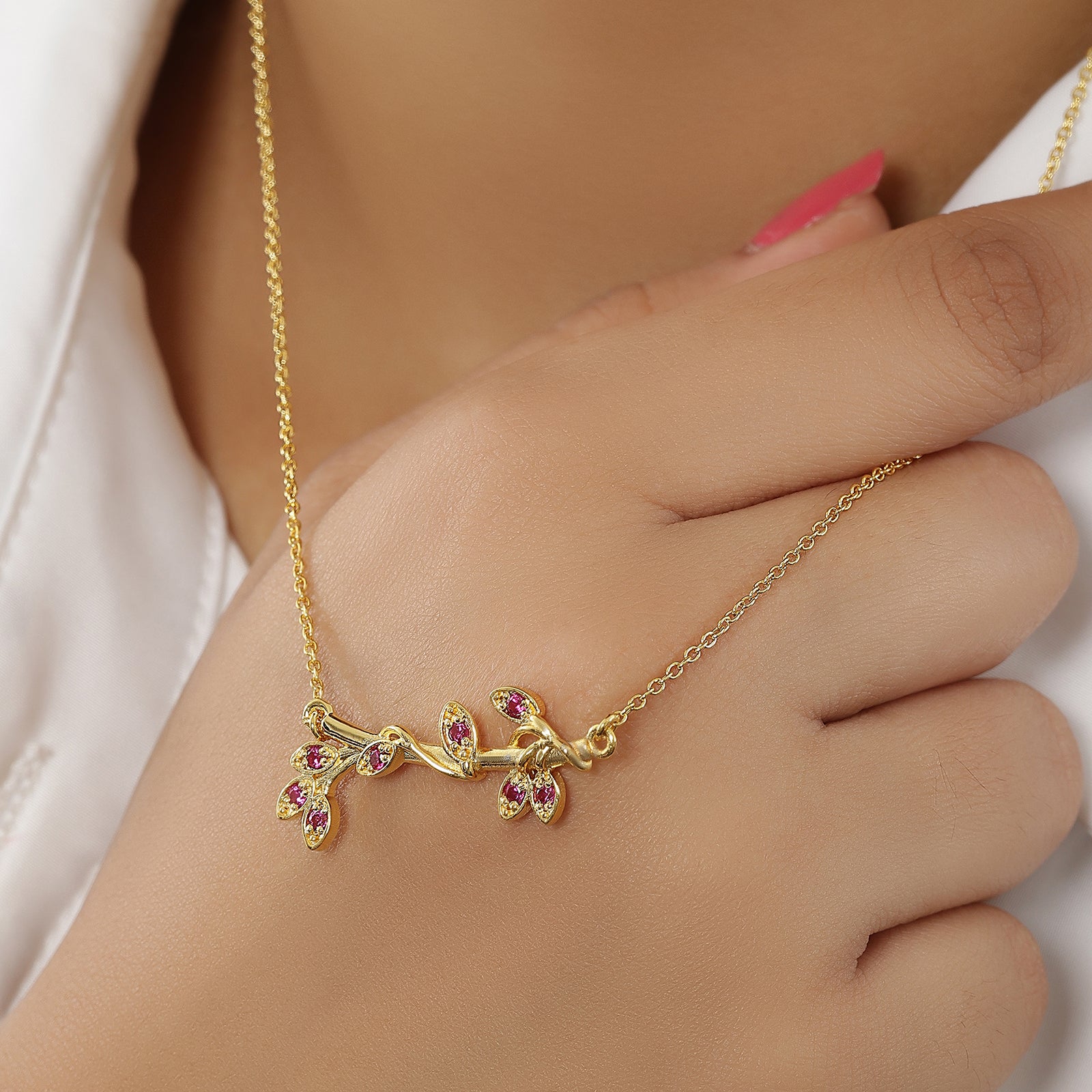Pure Silver Necklace - Leafy Gold-Plated Amethyst Pendant - Tweov Jewels