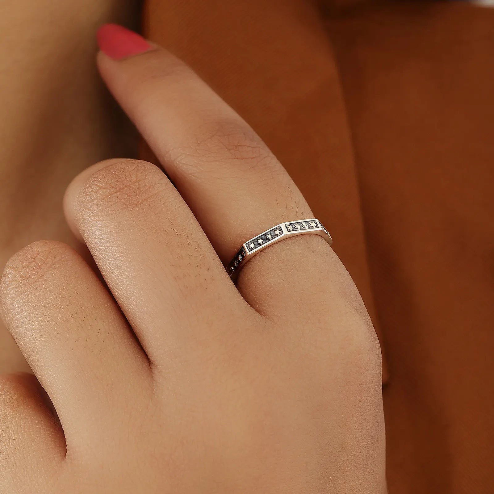 Oxidized Star Design Silver Band Ring