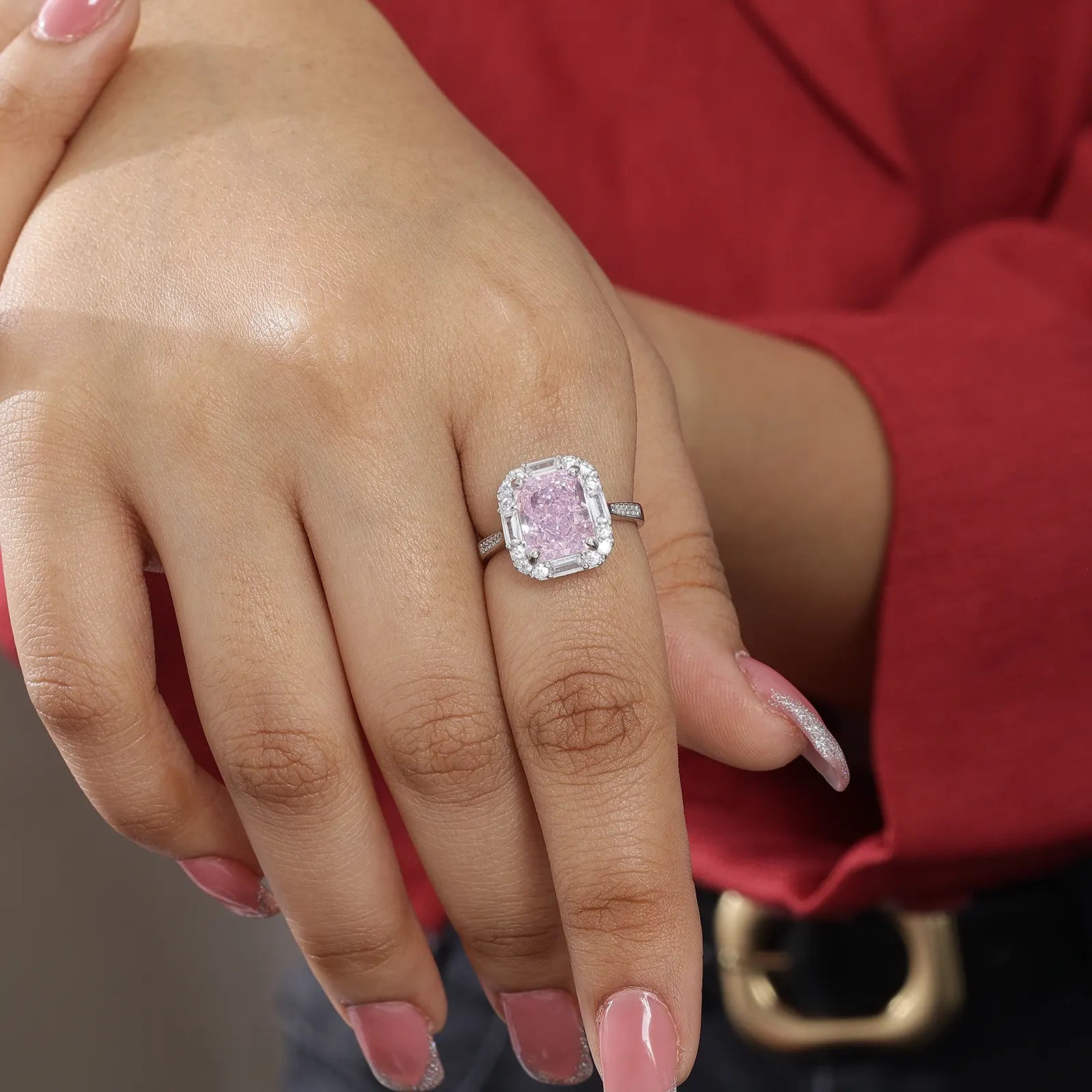 Pink Emerald Cut Diamond Studded Silver Ring - Tweov Jewels