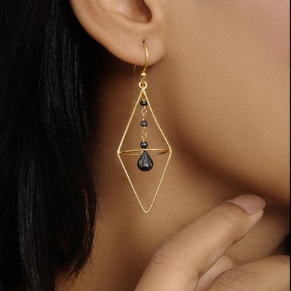 Pure Silver Earrings - Nested Gold Onyx Danglers