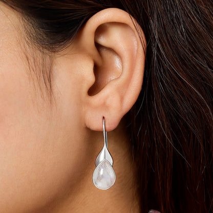 Pure Silver Earrings - Teardrop White Pearl Hoop Earrings