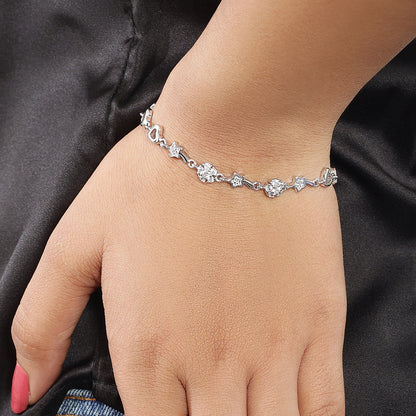 925 Sterling Silver CZ Floral Shaped Heart Bracelet for Women