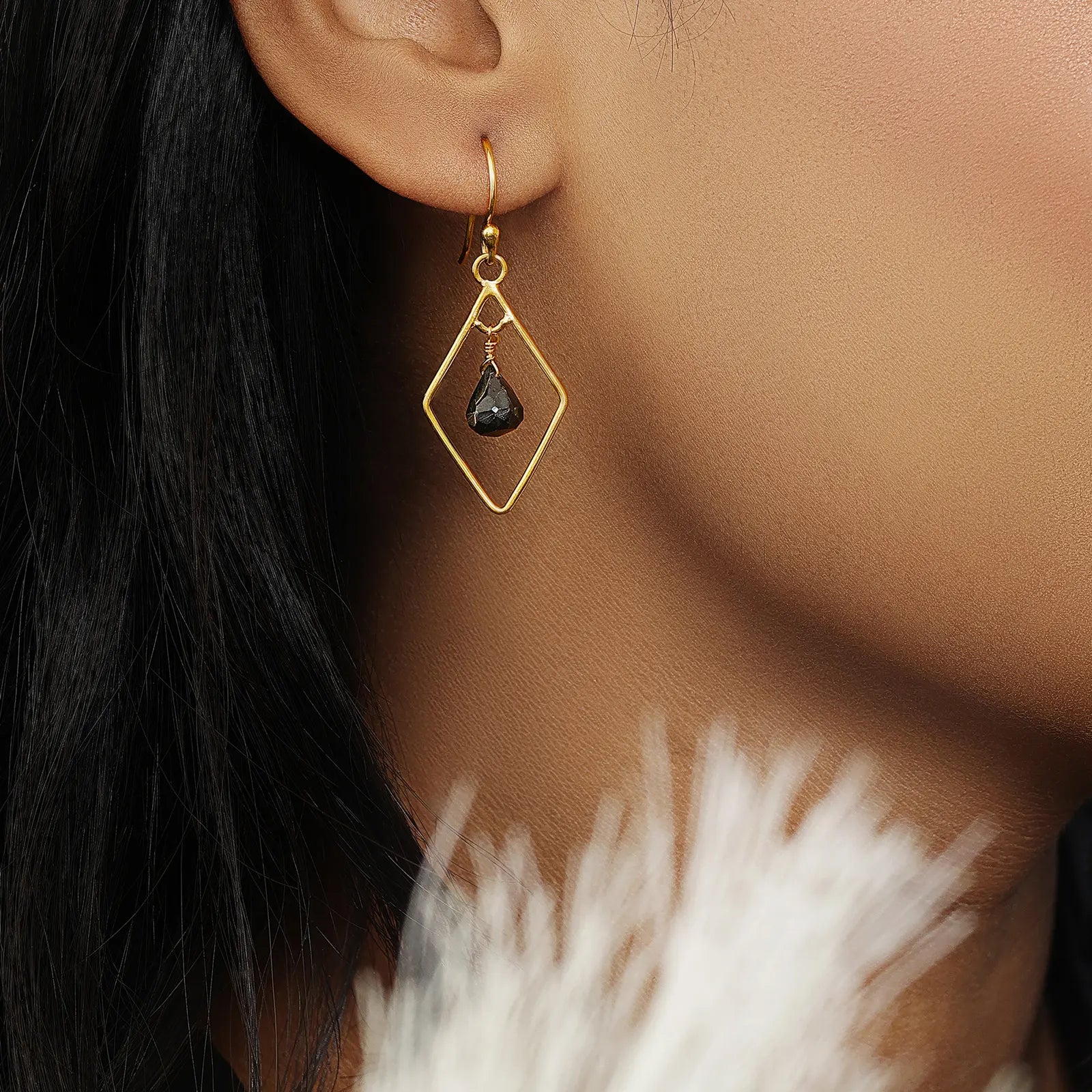 Contemporary Gold Oynx Model Earrings