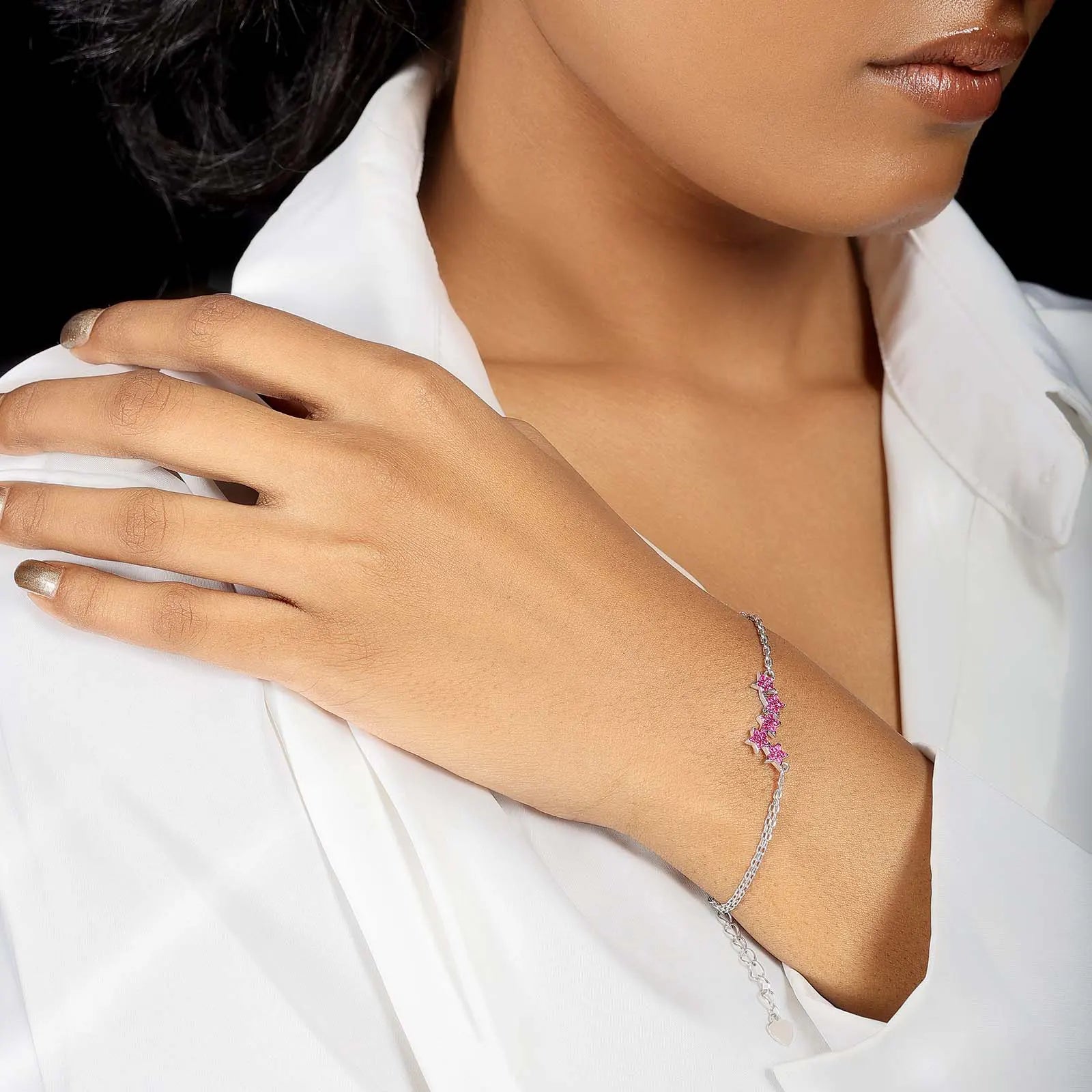 Pink CZ Star Silver Chain Bracelet