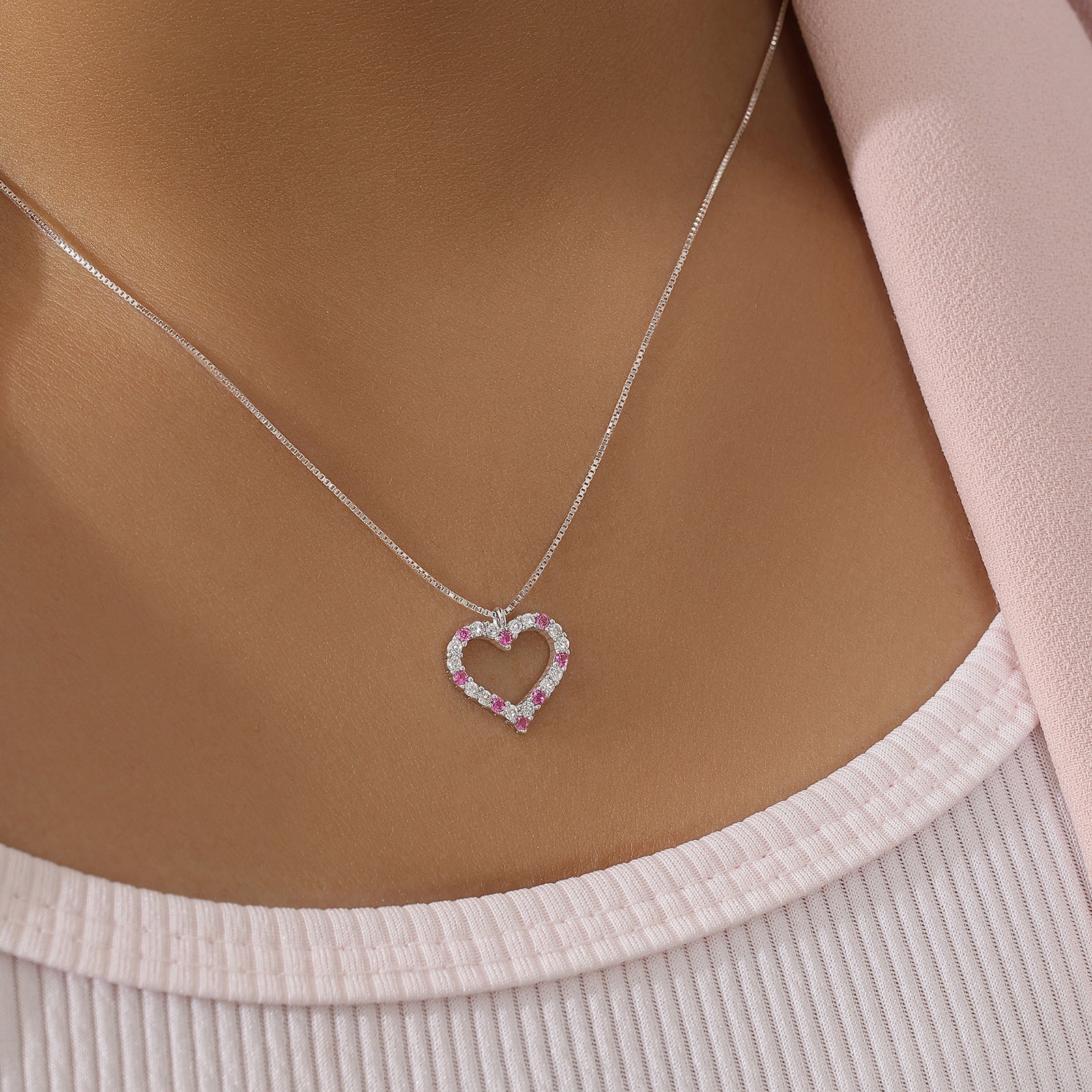 925 Sterling Silver Pink Heart Pendant with Chain