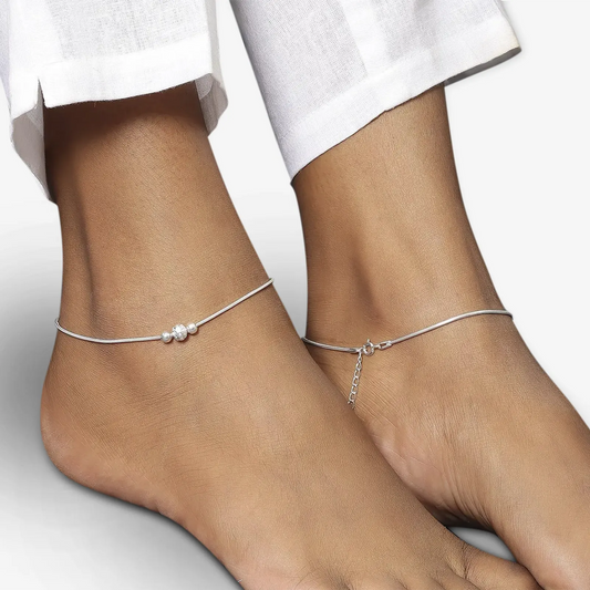 Ball Beaded Thin Silver Chain Anklet for Women
