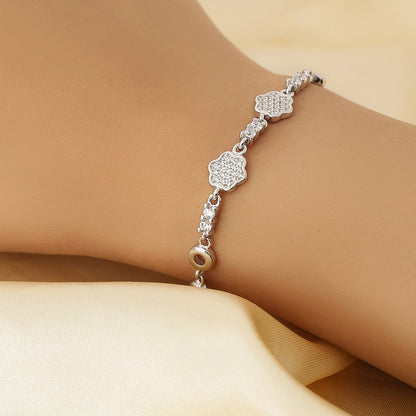 Pure 925 Sterling Silver CZ Floral Chain Bracelet for Women