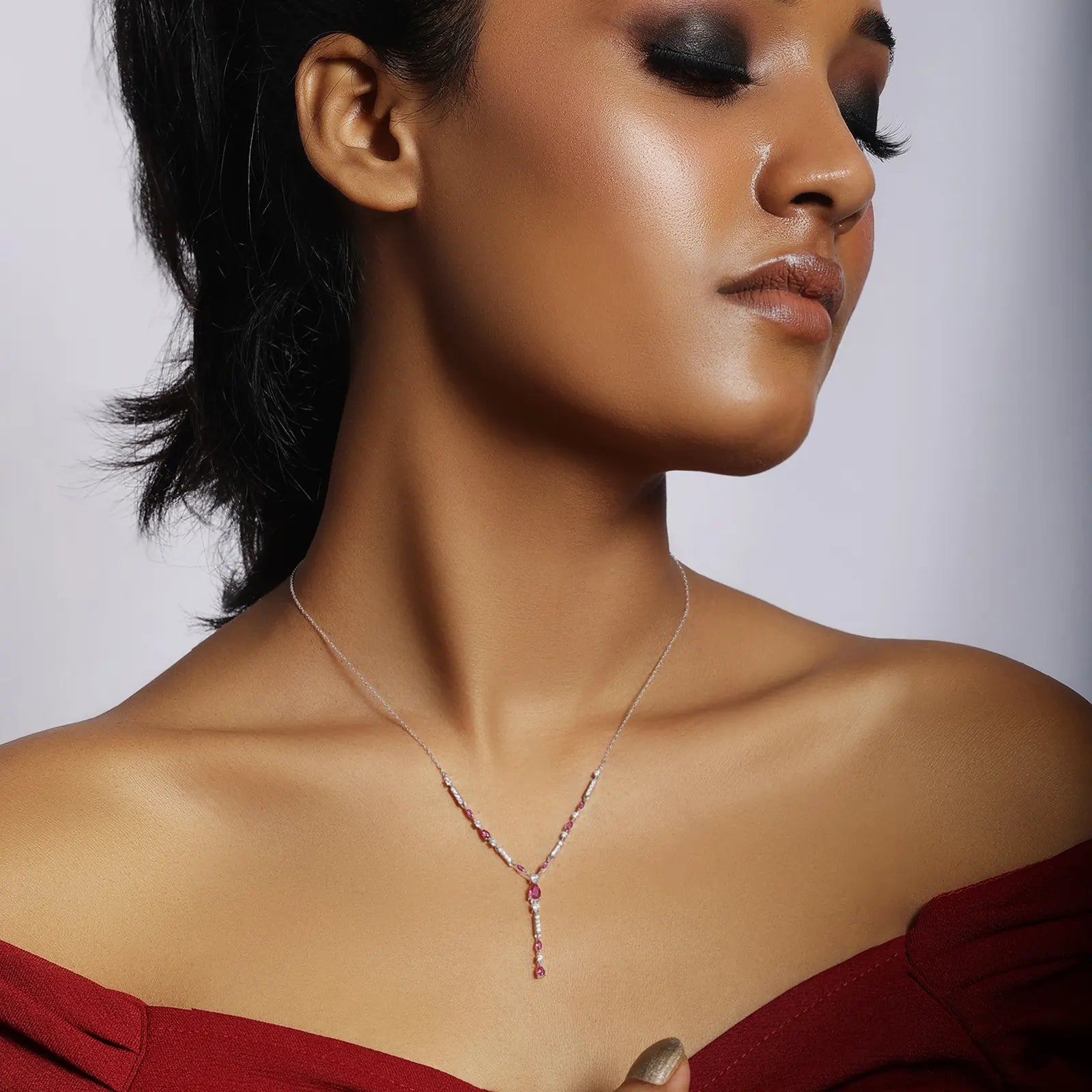 Designer Silver Pink Drop Necklace