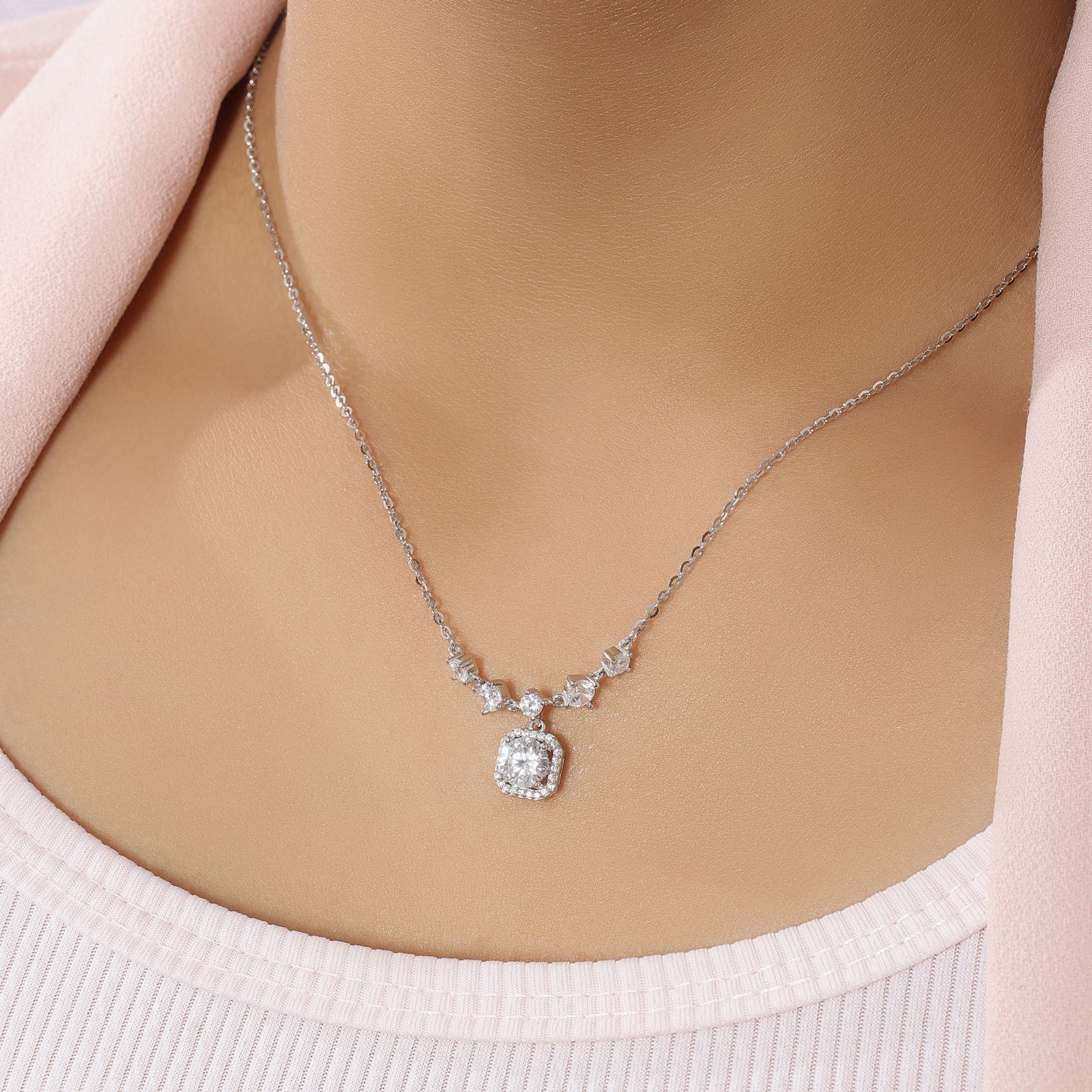 Silver Square Diamond Necklace for Women