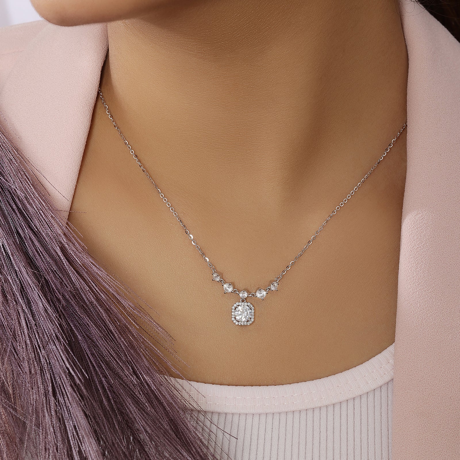 Silver Square Diamond Necklace for Women