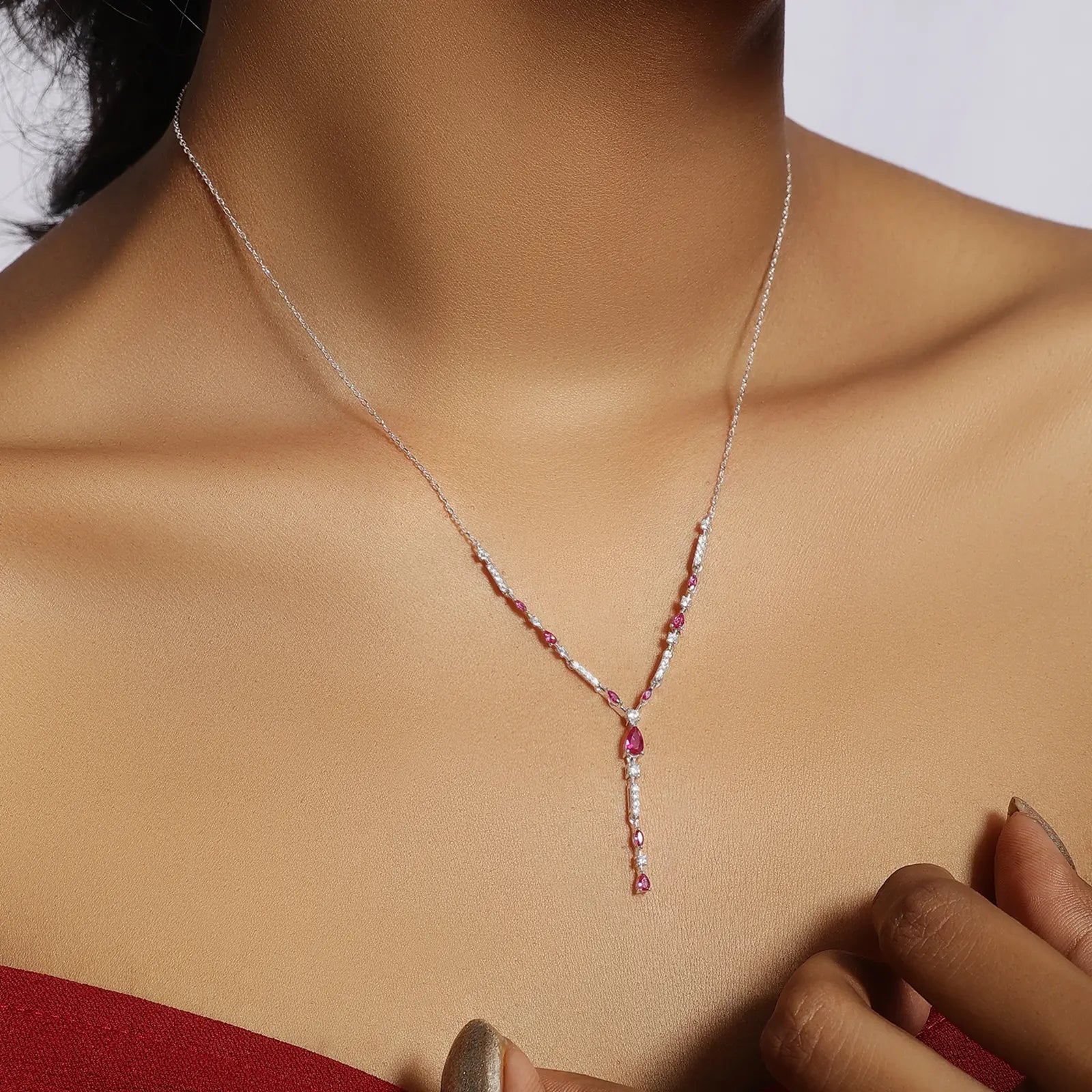 Designer Silver Pink Drop Necklace