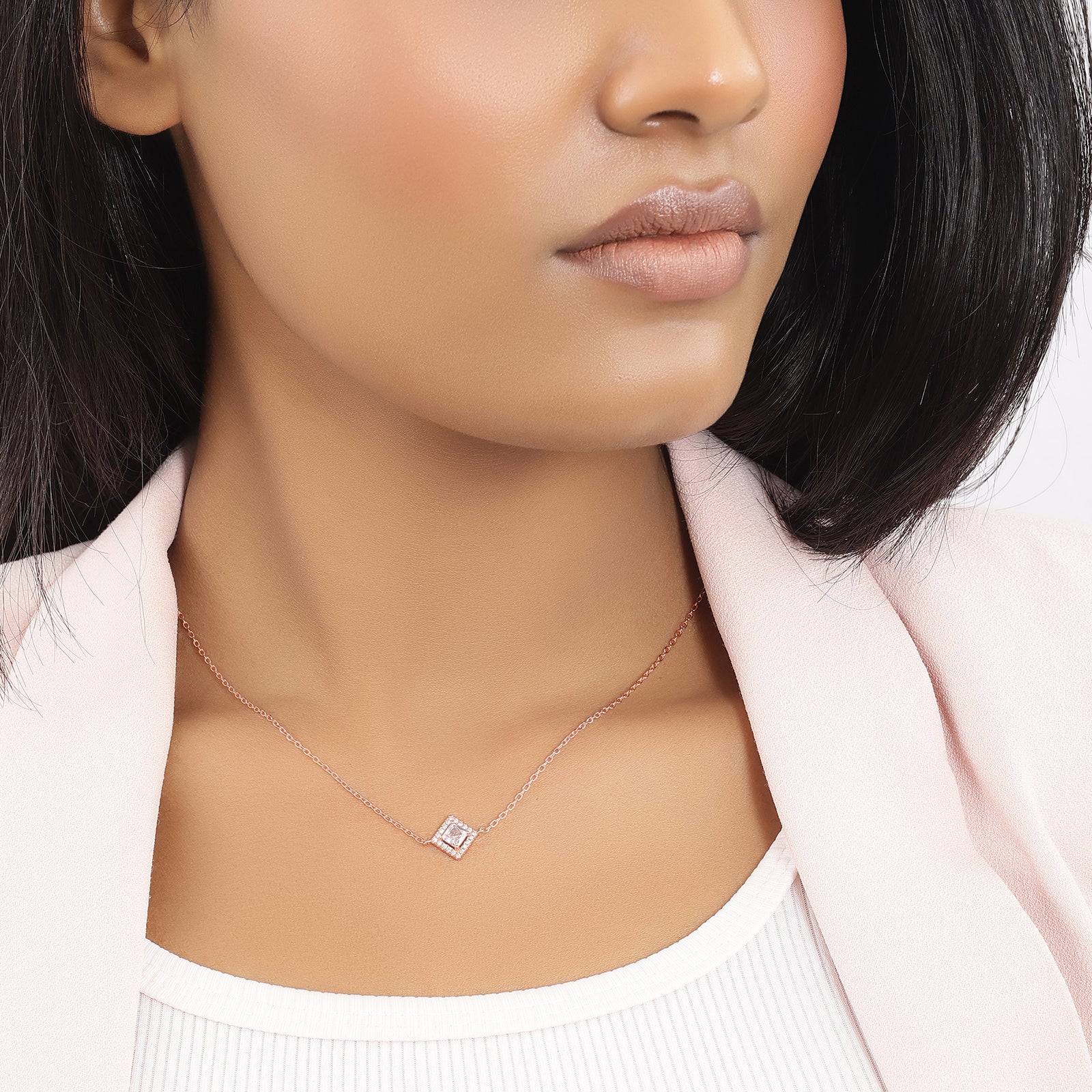 Rose Gold Plated CZ Studded Square Pendant with Chain