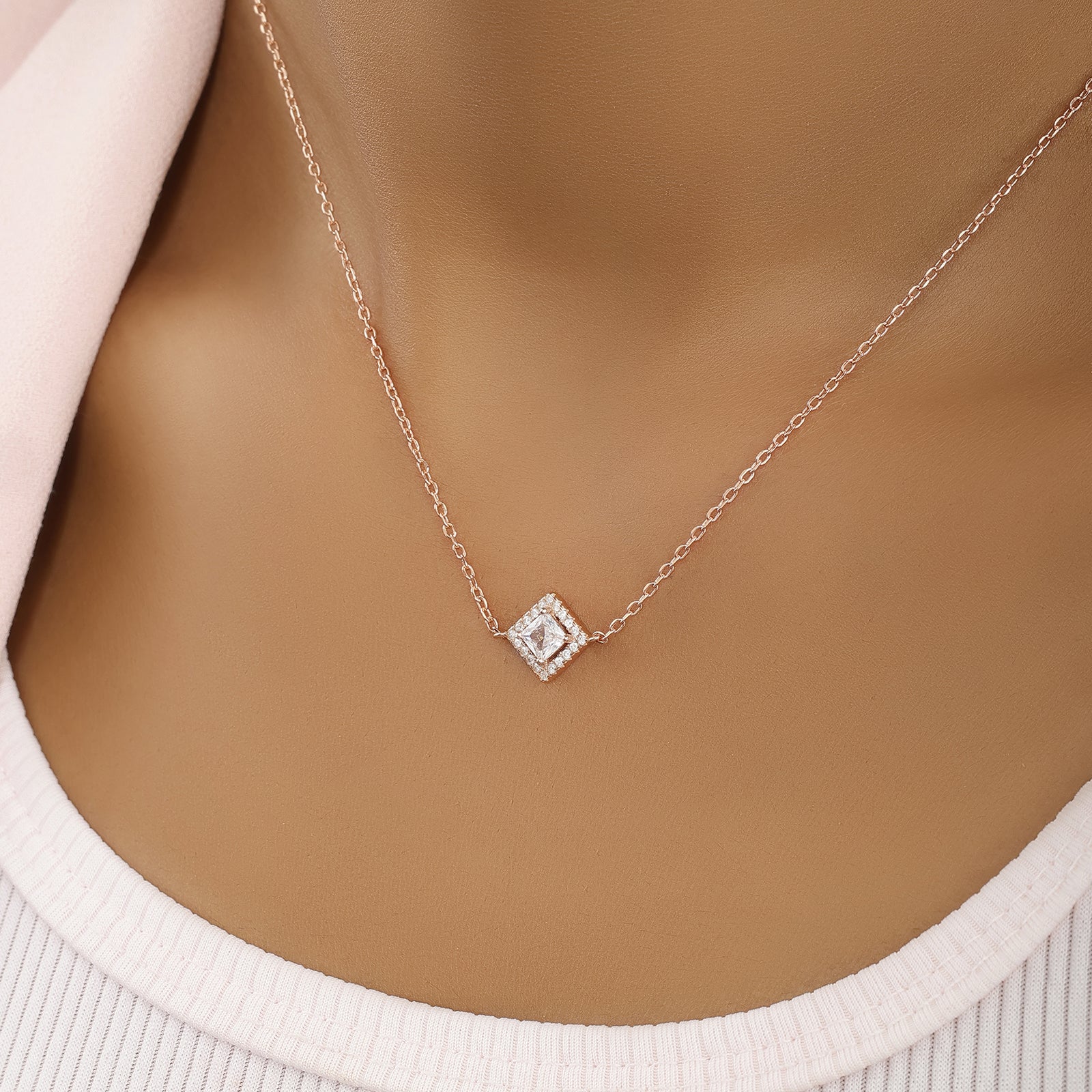 Rose Gold Plated CZ Studded Square Pendant with Chain