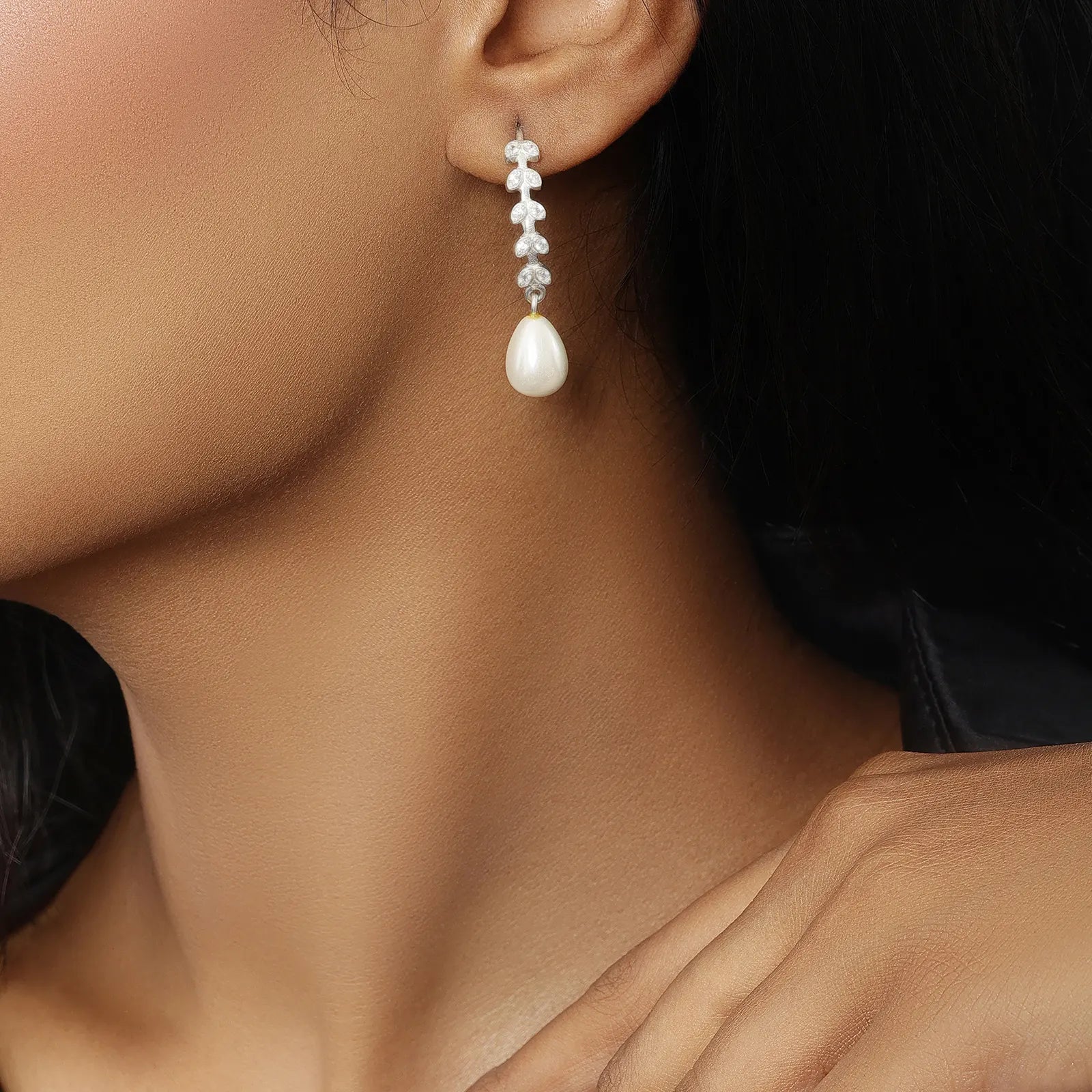 CZ Long Silver Pearl Earrings - Tweov Jewels