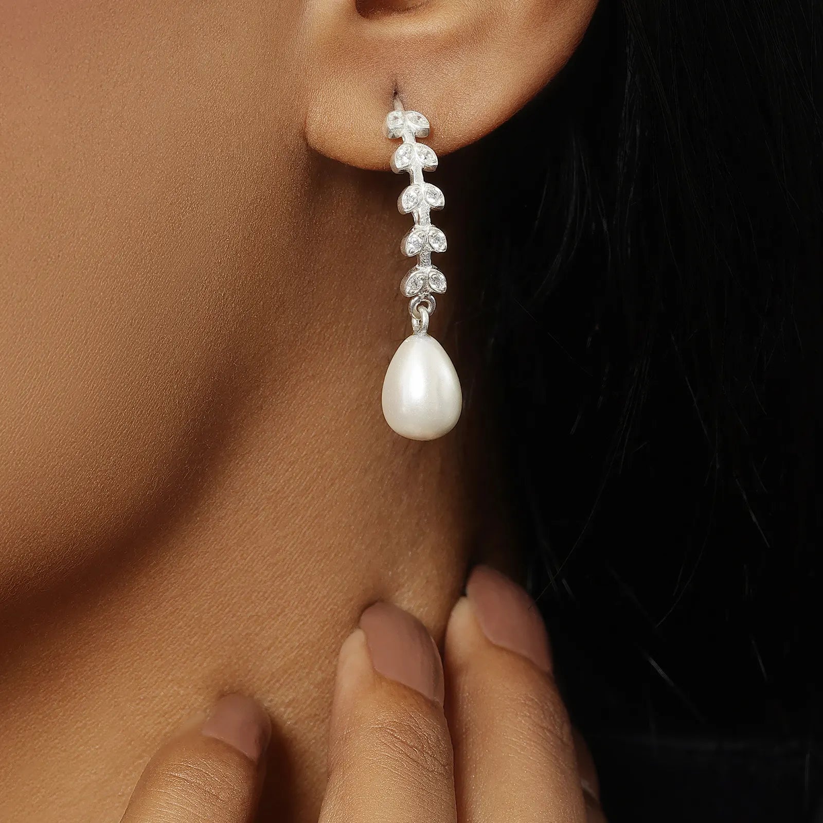 CZ Long Silver Pearl Earrings - Tweov Jewels